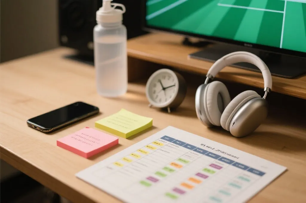 桌面上有时钟、便签和耳机，展示世界杯观赛与作息规划